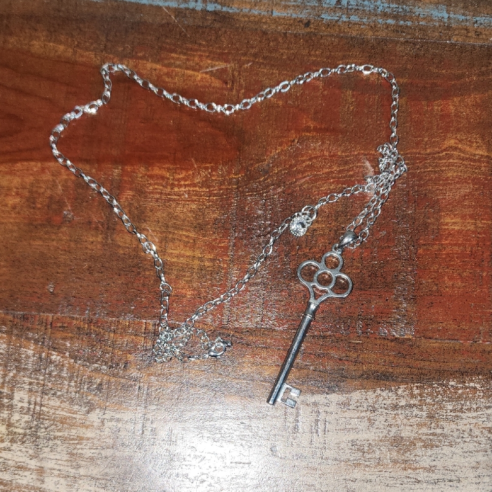Skeleton Silver Key Adjustable Necklace Rhinestone 26"